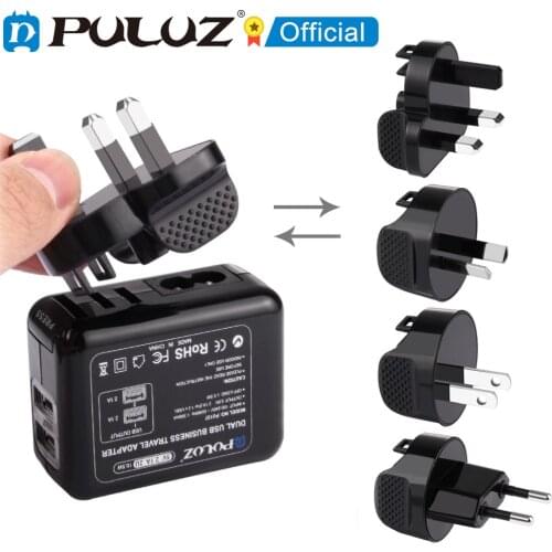 PULUZ Battery Charger Set For GoPro 2 Ports USB 5V (2.1A+2.1A) Wall Charger Set+Removable UK+EU+US+AU Plug Travel Power Adapters