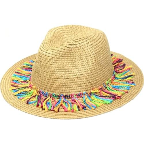 2019 Summer Women Natural Wide Brim Burr Raffia Straw Hats Fringe Women Plain Large Beach Sun Caps Big Straw Cap chapeau
