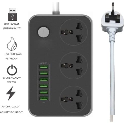 UK Plug USB Power Strip Socket 3 universal Outlets 6 Fast Charging ports extender 1.8M Cord power supply socket Network filter