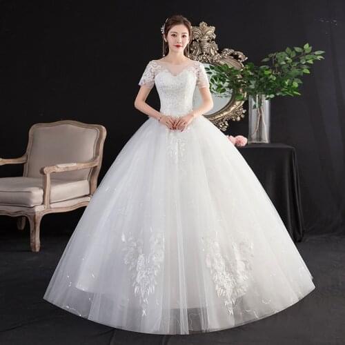 Wedding Dress 2020 Vestido De Noiva Simple O-neck Short Sleeve Ball Gown Lace Embroidery Floor Length Princess Bride Dresses