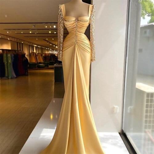 2021 New Mermaid Evening Dress Lace Long Sleeves Satin Pleat Prom Gowns Custom Made Party vestido de novia