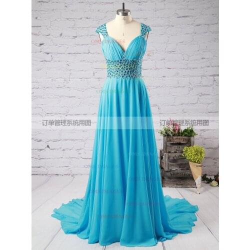 Evening dress V neck beading waist chiffon dress backless dress for party business dress sleeveless long chapel train dress