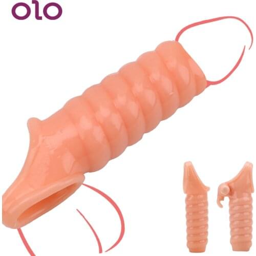 OLO Erotic Vibrating Sleeve Penis Enlargement Rings Adult Products Reusable Dildo Extender Sex Toys for Men