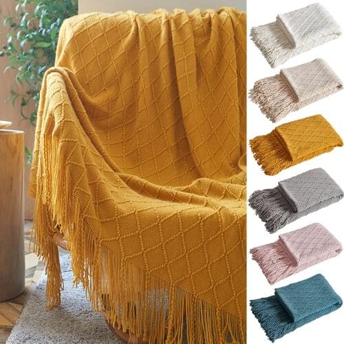 Knitted Blanket Solid Color Tassels Bedspread Blanket Nordic Waffle Embossed Throw Blanket for Sofa Bed Knit Blankets Home Decor
