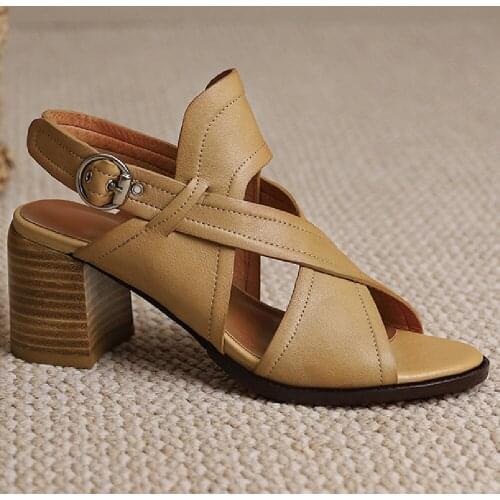 Womens genuine leather thick high heel open toe summer pumps cross strap metal buckle OL style female high quality daily shoes