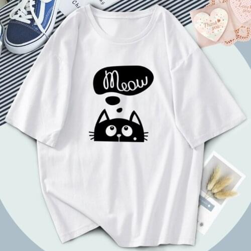 Harajuku Female Cats Meow T-shirts O-Neck Short Sleeve 2021 Tshirts Summer Black Tees Funny Clothing Tops Women Camisetas