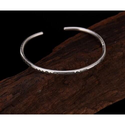 Silver 925 Jewelry Thai Handmade Feather Pattern Wild Bracelet Antique Sterling Silver Round Open Bracelet For Woman