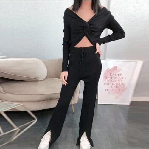 2021 autumn and winter two-piece long-sleeved trouser suit outdoor home V-neck Kink ladies two-piece fashion trouser suit