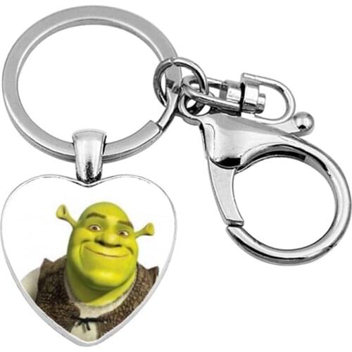 Cartoon Shrek Crystal Keychain Art Photo Glass Cabochon Heart Keychain Pendant Silver Color Metal Key Ring Charms Key Holder