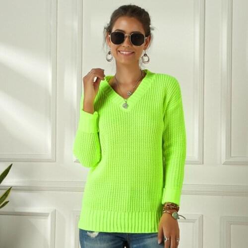 Neon Sweater Women Knitting Green Fuchsia Pink Solid V-Neck Pullovers Long Casual Loose Acrylic Knit Shirts Female Jumper Tops