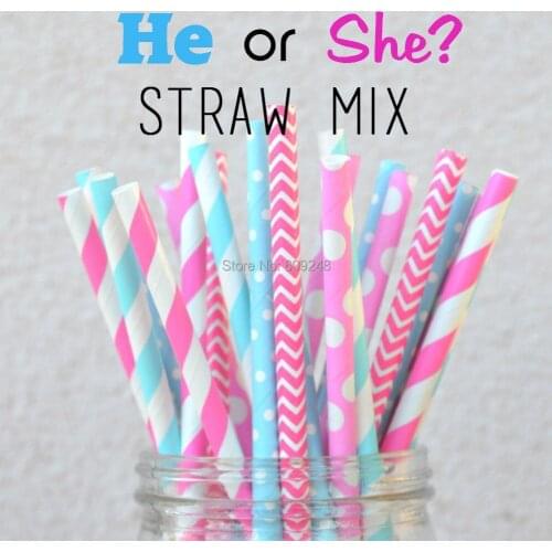 100pcs Mixed Colors He or She Paper Straws Cheap,hot pink stripe,hot pink chevron,light blue stripe and light blue tiny dots