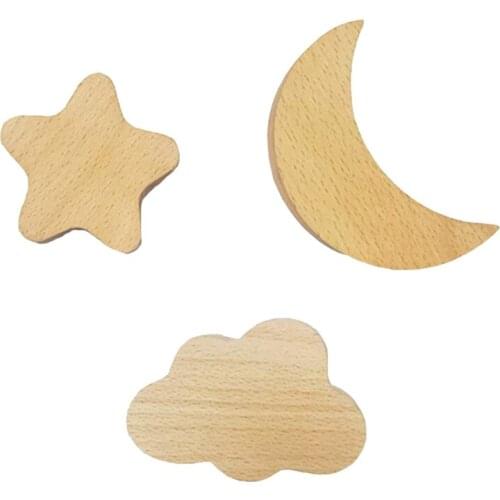 3 Pack Wooden Coat Hooks Wall Mounted Single Hangers,Moon Star Cloud,Hooks For Coat Bag Towels Robe Hat,Home Decorative