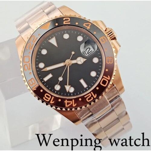 40mm rose gold case sapphire glass ceramic bezel black dial date GMT automatic mens luxury mechanical watch