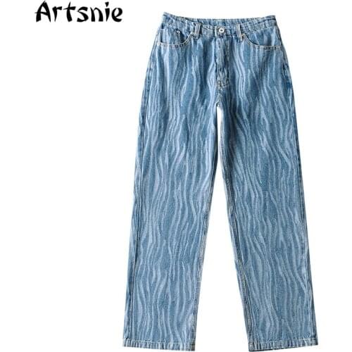 Artsnie Streetwear Leopard Denim Pants Women Autumn 2021 High Waist Vintage Jeans Blue Casual Ladies Straight Long Pants Female