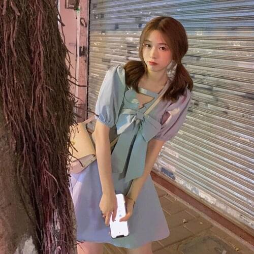 Bella new Japanese Kawaii Sweet Mini Dress Women Elegant Cute Holiday Bowknot Ruffle Dress Bubble Sleeve Summer Light Dress 2021