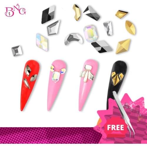 BNG 100pcs Nail Art Mix Rhinestones Flat Crystal AB Shaped Teardrop Heart Rectangle Glass Stone 3D Nails Decoration Black Golden