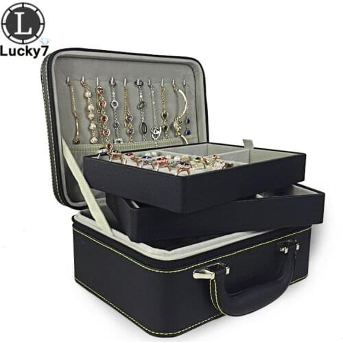 Jewelry Display PU Leather 2Layers Jewelry Organizer Case Black Zipper Box Earrings Necklace Ring Makeup Travel Jewelry Hand Bag