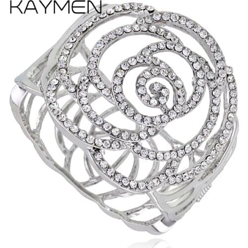 KAYMEN New Arrival Fashion Rose Flower Shape Round Statement Bangle for Women Full Rhinestones Party Bangle Bracelet 2 Colors