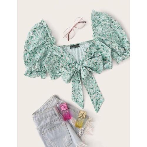 2Pcs Kids Girls Outfit Girls Floral Printing Puff Short Sleeve Knotted Crop Tops Rough Selvedge Ripped Denim Shorts Summer Sets