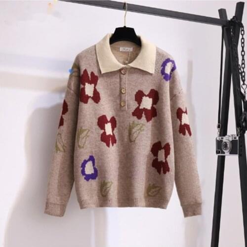 Lapel Sweet Sweater Kawaii Knitted Loose Pullover Pink y2k Floral Fashion Sweater 2021 Autumn Winter New Women