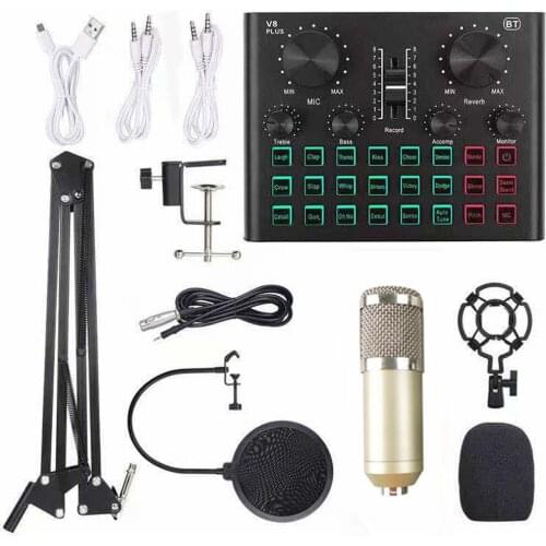 Multifunctional Live Sound Card and BM800 Suspension Microphone Kit Broadcasting Recording Condenser Microphone Set Audio Mixer