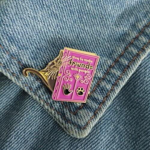 Cartoon Fun Purple Animal Cat Reading Study Enamel Brooch Friends Palm Dog Claw Alloy Badge Clothes Bag Pin Jewelry Gift For Kid