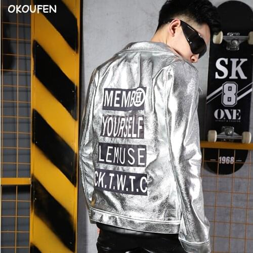 2018 New Mens Silver PU leather Jatcket street dance wear Nightclub bar singer DJ stage show performance costumes
