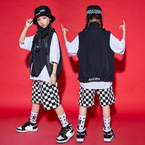 Rave Hip Hop Clothes Kids Summer Dancer Outfit Black Vest Plaid Shorts Street Dance Wear Stage Costume Festival Clothing DL8210