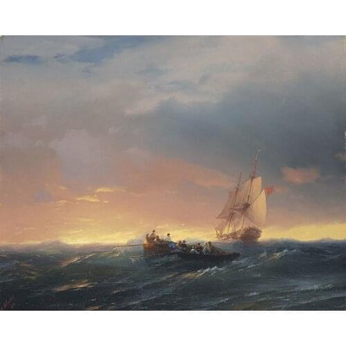 Wholesale art-Ivan Aivazovsky Sea seascape Vessels in a swell at sunset GOOD PRINT ART painting ON CANVAS--free shipping