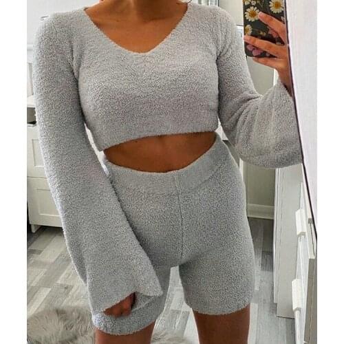 Women Sleepwear Autumn Winter Pajamas Set Bell Sleeve Plush Homewear V-Neck Sexy Pjs Shorts Winter Loungewear New Style