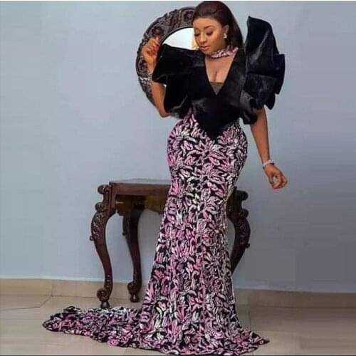 Aso Ebi Prom Dresses Deep V Neck Ruffles Shoulder Plus Size Mermaid Evening Dress Purple Appliques Shiny Party Gowns For African