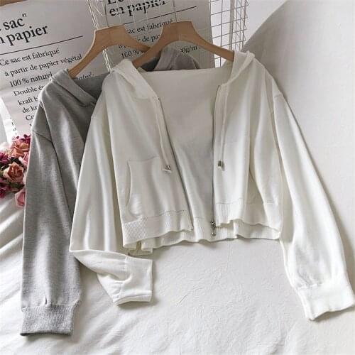 Spring Autumn Casual Jacket Short Coat Preppy Style Zipper Knitted Cardigan Womens Long Sleeve Jackets With Hoodies Cropped