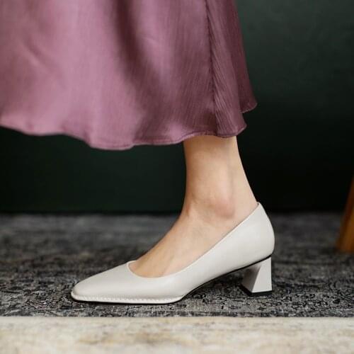 QZYERAI 5cm Height High Heels Cow Leather Women Spring Autumn Elegant Fashion Ladies Pumps Square Toe Thick Heel Shoes