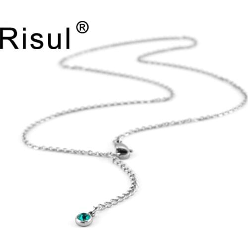 Risul Birth Stone tail pendant 1.5/2mm Thin Rolo Cable necklace women Choker princess Stainless steel Mix color 12x1/Lot
