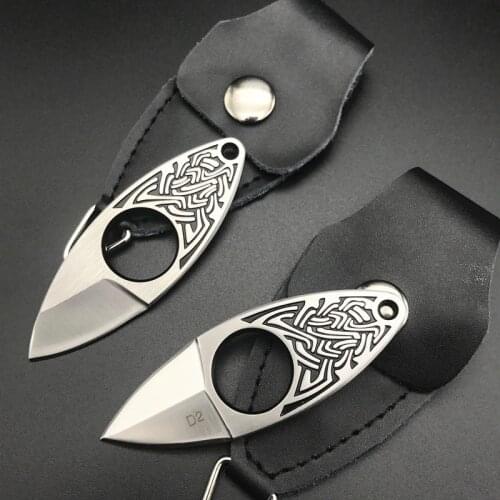 D2 Steel Neck Knife Knuckles Outdoor EDC Tool Fixed Blade Tactical Pocket Knife Key Chain Nuckles With Leather Sheath