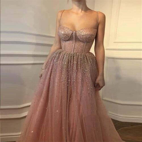 Pink Gold Sequines Evening Dresses Long 2021Spaghtti Strap A-Line Tulle Sweetheart Prom Gowns Custom Plus Size vestido de fiesta