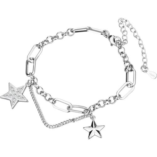 Vintage Korean 925 Sterling Silver Tassel Crystal Star Charm Bracelet &Bangle For Women Girls Wedding Jewelry sl275
