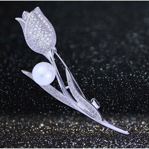 FARLENA Jewelry Elegant Tulips Brooch Inlay with Micro Zircon Stone High Quality Pave Tiny CZ Crystal Brooches for Women