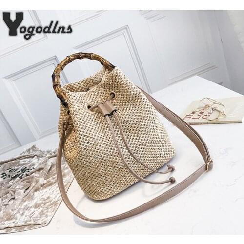 Women Drawstring Straw Bucket Bag Female Summer Handmade Woven Shoulder Messenger Bags Ladies Shopping Purse Beach Bags Handbags