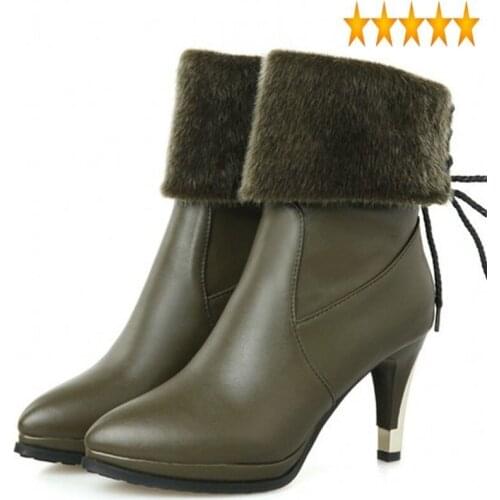 Womens 2021 New Fashion European Pu Leather Shoes Pointed Toe Winter Platform Boots Warm Fur Trim Heigh Thin Heels Footwear