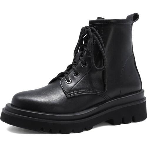 EGTPINAOP Autumn Womens Ankle Western Boots Platform Martin Genuine Leather Lace Up Autumn Fashion Boots Rubber Outsole