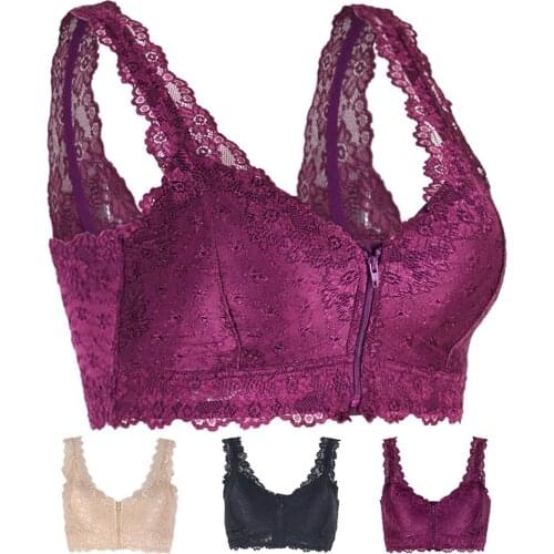 Plus Size Women’s Zipper Front Bras Lace Hem Floral Bra Top Underwear Side Close Front Buckle Sexy Lace Large Size Bra