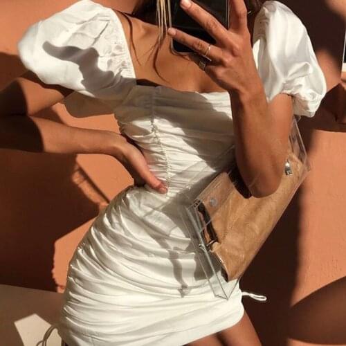 ANGEL 2021 Short Lantern Sleeve Pure Color Square Collar Mini Dress Summer Ladies Satin Elegant Party Pleated Dresses AG32052