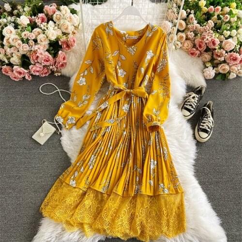Floral Holiday Dress Spring Summer Vintage Chiffon Dress Women Long Sleeve Casual Shirt Dresses Elegant Vestido De Mujer