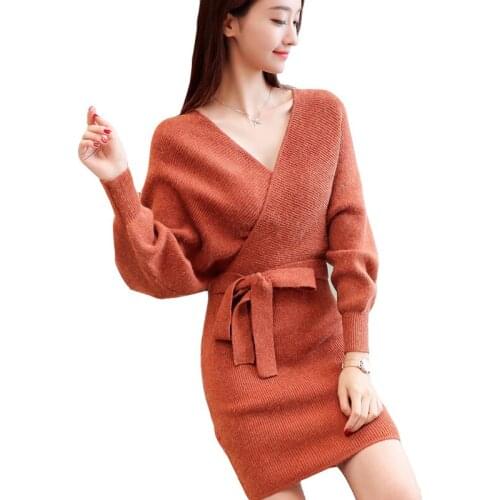 Autumn Winter New knitted Dress Womens large Size Fashion Sexy Sweater Solid V-neck Belt Bag Hip Mini Sweater Dress Female