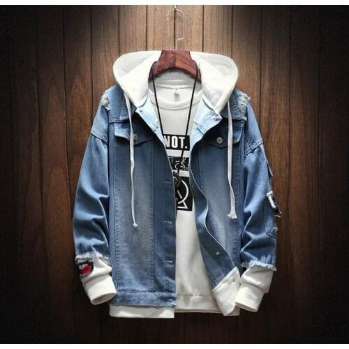 2019 Men Jean Jackets New Light Blue Denim Jackets Coats High Quality Men Cotton Slim Denim Coats Mens Casual Jean Coats
