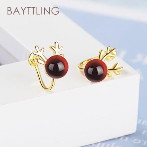BAYTTLING 925 Sterling Silver Pink/red Antler Round Beads Crystal Ear Clip Earrings For Woman Fashion Party Gift Jewelry