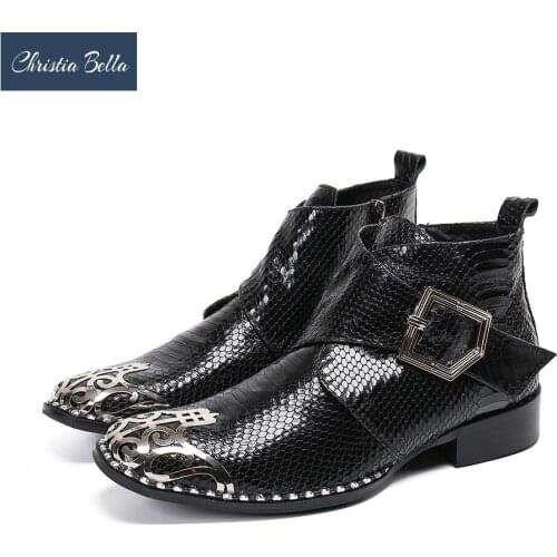 Christia Bella Fashion Party Men Boots Square Toe Real Leather Man Ankle Boots Zipper Buckle Fashion Short Boots Dress Shoes