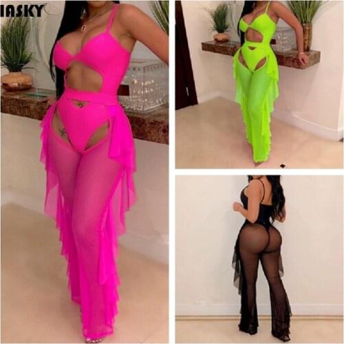 IASKY 2019 Candy color mesh ruffles see through beach pants with one piece swimsuits sets bikini swimwear cover ups 2PCS/SET