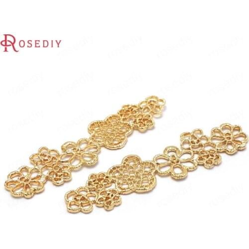 35710)4PCS 16x61MM 24K Gold Color Brass Flower Connect Charms Pendants High Quality Diy Jewelry Findings Accessories
